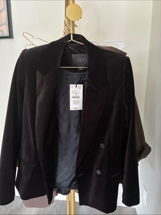 Zara Jackets & Blazers - Zara Dark Brown Velvet Double-Breasted Blazer Jacket